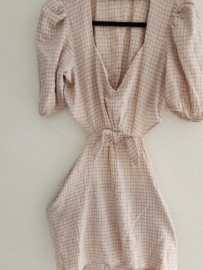 Zara Pink and White Checked V-Neck Tie-Waist Mini Dress
